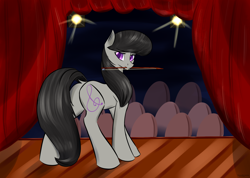 Size: 4380x3120 | Tagged: safe, artist:renarde-louve, octavia melody, earth pony, pony, bow (instrument), curtains, female, looking at you, mare, mouth hold, solo, stage, stage light