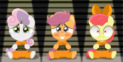 Size: 1250x632 | Tagged: safe, artist:spellboundcanvas, apple bloom, scootaloo, sweetie belle, earth pony, pony, g4, blushing, clothes, crying, cute, cutie mark crusaders, embarrassed, horn, horn cap, magic suppression, mugshot, nervous, police lineup, prison, prison outfit, prisoner, sad, shocked, so cute it's a crime, spotlight, trio, wing cuffs