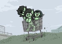 Size: 897x637 | Tagged: safe, artist:plunger, oc, oc:filly anon, earth pony, pony, excited, female, filly, helmet, scared, shopping cart, sunglasses, this will end in death, this will end in tears, this will end in tears and/or death, trio