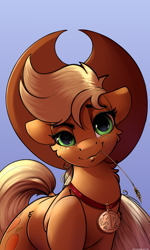 Size: 1800x3000 | Tagged: safe, artist:skitsroom, applejack, earth pony, pony, g4, 1st place, applejack's hat, badge, blue background, cheek fluff, chest fluff, cowboy hat, female, freckles, hat, looking at you, mare, medal, mouth hold, simple background, solo, straw in mouth