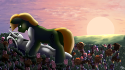 Size: 5760x3240 | Tagged: safe, artist:sevenserenity, oc, oc only, oc:bullet storm, oc:dragon storm, pony, unicorn, complex background, cuddling, duo, eye contact, flower, heart eyes, looking at each other, scene, scenery, shipping, sunset, wingding eyes