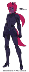 Size: 1024x2496 | Tagged: safe, artist:pyrus-leonidas, tempest shadow, human, g4, armor, belt, boots, broken horn, clothes, eared humanization, eye scar, female, gloves, high heel boots, horn, horned humanization, humanized, pony coloring, scar, shoes, simple background, solo, tailed humanization, transparent background