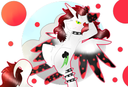 Size: 2560x1740 | Tagged: safe, artist:shinningblossom12, oc, oc only, alicorn, pony, alicorn oc, arm behind back, chest fluff, choker, horn, on back, one eye closed, simple background, solo, spiked choker, spiked wristband, transparent background, wings, wink, wristband
