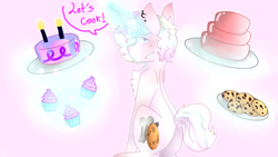 Size: 2560x1440 | Tagged: safe, artist:shinningblossom12, oc, oc only, pony, unicorn, cake, candle, chest fluff, cookie, cupcake, food, glowing horn, horn, magic, plate, talking, telekinesis, unicorn oc