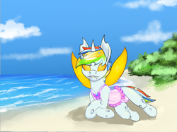 Size: 2732x2048 | Tagged: safe, artist:stardust-pony, oc, oc:fruitcake, changeling, beach, changeling oc, clothes, colt, commission, crossdressing, frilled swimsuit, frilly, high res, male, swimsuit