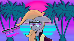 Size: 1920x1080 | Tagged: safe, artist:nevermore228, pony, clothes, glasses, jacket, palm tree, retro, retrowave, solo, sun, synthwave, tree