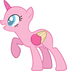 Size: 967x1032 | Tagged: safe, artist:pegasski, oc, oc only, alicorn, pony, g4, griffon the brush off, alicorn oc, bald, base, eyelashes, eyes closed, female, horn, mare, open mouth, raised hoof, simple background, smiling, solo, transparent background, two toned wings, wings