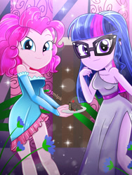 Size: 1800x2400 | Tagged: safe, artist:artmlpk, pinkie pie, sci-twi, twilight sparkle, equestria girls, g4, adorable face, adorasexy, adorkable, alternate hairstyle, bare shoulders, beautiful, cake, clothes, cute, digital art, door, dork, dress, duo, duo female, fashion, female, flower, food, glasses, grin, hair, holding, looking at you, meganekko, outfit, party, plants, plate, sexy, short hair, sleeveless, smiling, smiling at you, twiabetes, watermark