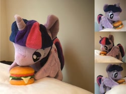 Size: 1442x1080 | Tagged: safe, twilight sparkle, alicorn, pony, g4, 4de, borgarposting, burger, burgie, compilation, cute, eating, female, food, irl, mare, merchandise, on side, photo, pillow, plushie, plushie eating a plushie, smiling, solo, twilight burgkle, twilight sparkle (alicorn), wing hands, wings