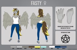Size: 1024x676 | Tagged: safe, artist:drarkusss0, oc, oc only, oc:fasty, pegasus, anthro, plantigrade anthro, caption, female, gray, image macro, pentagram, reference sheet, solo, tattoo, text