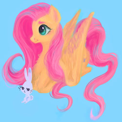 Size: 500x500 | Tagged: safe, artist:roobeesomnus, angel bunny, fluttershy, pegasus, pony, rabbit, g4, animal, blue background, chest fluff, cute, duo, ear fluff, female, leg fluff, male, mare, ponyloaf, prone, shyabetes, simple background