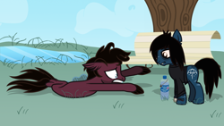 Size: 1920x1080 | Tagged: safe, artist:toyminator900, earth pony, pony, seapony (g4), undead, zombie, zombie pony, air drowning, bench, bone, bring me the horizon, clothes, colored pupils, commission, facial hair, fangs, fins, frown, glasgow smile, jewelry, jordan fish, long sleeves, looking down, necklace, oliver sykes, pond, reaching, scar, shirt, stitches, stranded, struggling, tattoo, this will end in death, torn ear, tree, water bottle
