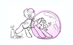 Size: 800x500 | Tagged: safe, artist:desertskyfamily, pinkie pie, pony, g4, balloon, climbing, female, giggling, pump, sketch, solo, that pony sure does love balloons
