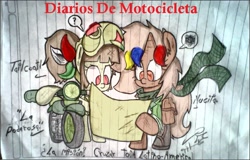 Size: 823x528 | Tagged: safe, oc, oc:nucita, oc:tailcoatl, lined paper, motorcycle, movie reference, spanish, the motorcycle diaries (movie), traditional art