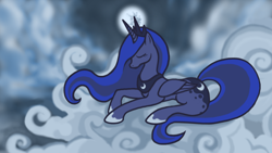 Size: 1820x1023 | Tagged: safe, artist:colorcopycenter, princess luna, alicorn, pony, g4, cloud, crown, eyes closed, female, full moon, hoof shoes, jewelry, mare, mare in the moon, moon, night, peytral, prone, regalia, solo
