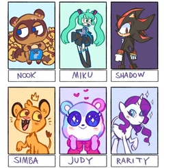 Size: 818x806 | Tagged: safe, artist:liddybugart, rarity, bear, big cat, hedgehog, human, lion, pony, unicorn, anthro, g4, :d, animal crossing, anthro with ponies, apron, clothes, crossover, female, hatsune miku, heart, judy (animal crossing), looking back, male, mare, money bag, naked apron, open mouth, raised hoof, shadow the hedgehog, simba, six fanarts, smiling, sonic the hedgehog (series), sparkly eyes, the lion king, tom nook, vocaloid, wingding eyes
