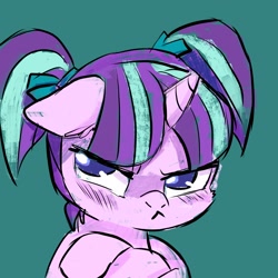 Size: 2700x2700 | Tagged: artist needed, safe, starlight glimmer, pony, unicorn, angry, cute, ears back, female, filly, filly starlight glimmer, glimmerbetes, grumpy, madorable, pigtails, pouting, simple background, solo, teal background, younger