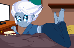 Size: 1832x1193 | Tagged: safe, artist:arshe12, artist:noreentheartist, night glider, equestria girls, g4, ass, bare midriff, barefoot, base used, bed, bedroom, blanket, bowl, breasts, busty night glider, butt, clothes, commission, eating, equestria girls-ified, feet, female, food, gliderbutt, hoodie, midriff, pants, pillow, popcorn, solo, sweatpants, television, ych result