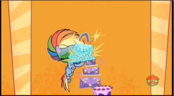 Size: 1146x636 | Tagged: safe, screencap, rainbow dash, pegasus, pony, g4.5, my little pony: pony life, pinkie pie: hyper-helper, cake, food, green face, sickbow dash, treehouse logo