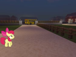 Size: 2048x1536 | Tagged: safe, artist:estories, artist:topsangtheman, apple bloom, earth pony, pony, g4, the super speedy cider squeezy 6000, driving, implied applejack, minecraft, night, running away, sad, school bus