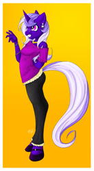 Size: 1643x2996 | Tagged: safe, artist:ms-seven0, oc, oc only, oc:stella crescent, unicorn, anthro, unguligrade anthro, anthro oc, clothes, collar, cute, ear piercing, earring, female, freckles, grin, hooves, jewelry, mare, nervous smile, pants, piercing, shirt, shoes, shy, smiling, solo, waving