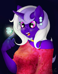 Size: 1840x2344 | Tagged: safe, artist:ms-seven0, oc, oc only, oc:stella crescent, parasprite, unicorn, anthro, anthro oc, clothes, collar, cute, ear piercing, earring, female, freckles, glowing, happy, horn, jewelry, piercing, shirt, smiling, solo