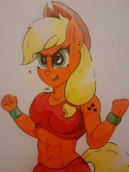 Size: 512x384 | Tagged: safe, artist:andur1l pon3, applejack, earth pony, anthro, g4, alternative cutie mark placement, applejacked, breasts, busty applejack, clothes, heart, muscles, shoulder cutie mark, sports bra, traditional art, wristband