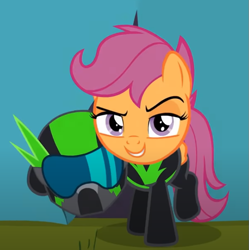 Size: 639x641 | Tagged: safe, screencap, scootaloo, pony, g4, the washouts (episode), clothes, cropped, female, helmet, looking at you, raised eyebrow, smiling, smirk, solo, uniform, washouts uniform