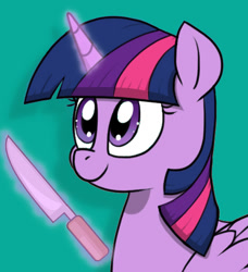 Size: 457x501 | Tagged: safe, artist:strebiskunk, twilight sparkle, alicorn, pony, g4, cute, female, folded wings, glowing horn, horn, knife, levitation, magic, mare, simple background, smiling, solo, teal background, telekinesis, this will end in death, this will end in pain, twiabetes, twilight sparkle (alicorn), wings