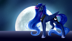 Size: 5760x3240 | Tagged: safe, artist:ohhoneybee, princess luna, alicorn, pony, g4, absurd resolution, female, full moon, hoof shoes, jewelry, mare, moon, redraw, signature, solo