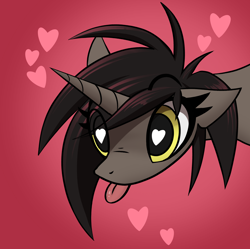 Size: 3600x3589 | Tagged: safe, artist:fenixdust, oc, oc only, oc:ivy, pony, unicorn, :p, bust, female, floppy ears, gradient background, heart, heart eyes, high res, looking at you, mare, red background, simple background, solo, tongue out, wingding eyes