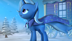 Size: 1920x1080 | Tagged: safe, artist:snow swirl, trixie, pony, unicorn, g4, 3d, female, snow, solo, source filmmaker, trixie's wagon, winter