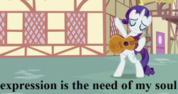 Size: 720x384 | Tagged: safe, edit, edited screencap, editor:korora, screencap, rarity, g4, honest apple, archy and mehitabel, cropped, don marquis, guitar, musical instrument, ponyville, text, the coming of archy