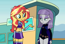 Size: 1244x848 | Tagged: safe, artist:emeraldblast63, maud pie, sunset shimmer, equestria girls, equestria girls series, g4, rollercoaster of friendship, spoiler:choose your own ending (season 2), spoiler:eqg series (season 2), belly button, choose your own adventure game, clothes, clothes swap, cosplay, legs together, raven (dc comics), starfire, teen titans
