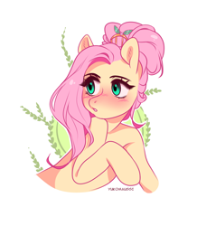 Size: 2268x2604 | Tagged: safe, artist:yukomaussi, fluttershy, pony, g4, alternate hairstyle, blushing, cute, female, hair ornament, high res, shyabetes, simple background, solo, white background