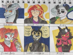 Size: 1080x821 | Tagged: safe, artist:_ratary_art_, discord, bear, demon, draconequus, human, imp, panda, robot, anthro, equestria girls, g4, animatronic, bamboo, beastars, bendy and the ink machine, cigarette, circus baby, clothes, crossover, ear fluff, five nights at freddy's, gohin (beastars), grin, hellaverse, hellborn, helluva boss, helluva boss pilot, jacket, microphone, millie knolastname, one eye closed, sammy lawrence, scar, shhh, six fanarts, smiling, smoking, tongue out, traditional art, wink