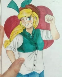 Size: 349x437 | Tagged: safe, artist:_ratary_art_, applejack, equestria girls, g4, clothes, cutie mark background, female, fist bump, hat, one eye closed, smiling, solo, traditional art, wink