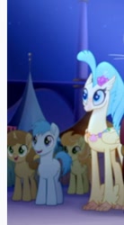 Size: 208x377 | Tagged: safe, screencap, cantaloupe (g4), princess skystar, earth pony, hippogriff, pony, unicorn, g4, my little pony: the movie, background pony, cropped, female, happy, male, mare, stallion, unnamed character, unnamed pony