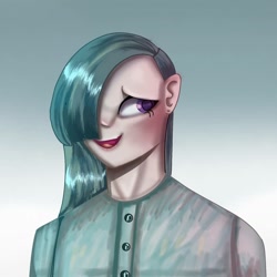 Size: 1440x1440 | Tagged: safe, artist:venera___o, marble pie, human, g4, abstract, bust, clothes, cursed, female, gradient background, hair over one eye, humanized, lipstick, solo, wtf