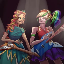 Size: 1080x1080 | Tagged: safe, artist:venera___o, rainbow dash, sunset shimmer, human, g4, alternate hairstyle, clothes, duo, female, guitar, headworn microphone, humanized, musical instrument, singing, skirt