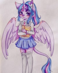 Size: 1080x1350 | Tagged: dead source, safe, alternate version, artist:mayguay, twilight sparkle, alicorn, anthro, g4, book, clothes, colored, ear fluff, female, horn, skirt, solo, traditional art, twilight sparkle (alicorn), wings