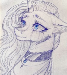Size: 1080x1204 | Tagged: dead source, safe, artist:mayguay, oc, oc only, pony, unicorn, bust, choker, cross, crying, ear fluff, female, horn, jewelry, lineart, mare, necklace, solo, traditional art, unicorn oc