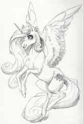 Size: 4552x6737 | Tagged: safe, artist:faline-art, princess cadance, alicorn, pony, g4, absurd resolution, female, flying, mare, monochrome, smiling, solo, spread wings, wings