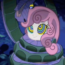Size: 1014x1000 | Tagged: safe, artist:happyhypno, sweetie belle, snake, equestria girls, g4, animated, coils, female, gif, hypnosis, jungle, kaa, kaa eyes, looking at each other, mind control, the jungle book, wrapped up