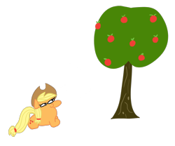 Size: 1395x1158 | Tagged: safe, artist:wren, applejack, earth pony, pony, g4, apple, apple tree, cowboy hat, female, food, hairband, hat, long neck, lying down, lying on the ground, resting, simple background, solo, squatpony, stare, transparent background, tree