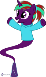 Size: 4000x6777 | Tagged: safe, artist:parclytaxel, oc, oc only, oc:connor stroud, genie, genie pony, pony, unicorn, .svg available, absurd resolution, bottle, clothes, female, floating, grin, hairband, hoodie, mare, outstretched arms, ponytail, simple background, smiling, solo, t pose, transparent background, vector