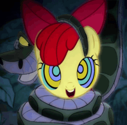 Size: 1014x1000 | Tagged: safe, artist:happyhypno, apple bloom, snake, g4, animated, coils, female, gif, hypnosis, jungle, kaa, kaa eyes, looking at you, mind control, smiling, the jungle book, wrapped up