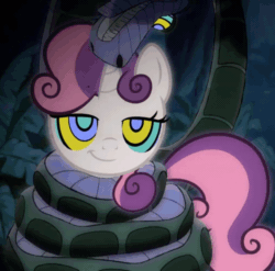 Size: 1014x1000 | Tagged: safe, artist:happyhypno, sweetie belle, snake, g4, animated, coils, female, gif, hypnosis, jungle, kaa, kaa eyes, looking at you, mind control, smiling, the jungle book, wrapped up
