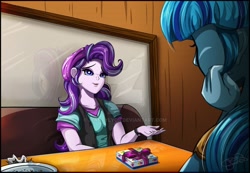 Size: 1600x1110 | Tagged: safe, artist:jenndylyon, sonata dusk, starlight glimmer, equestria girls, g4, beanie, clothes, cover art, fanfic, fanfic art, fanfic cover, hat, present, table