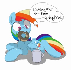 Size: 912x896 | Tagged: safe, artist:baigak, rainbow dash, pegasus, pony, captain obvious, cute, dashabetes, donut, female, food, looking at something, lying on the floor, mare, mouth hold, mug, shaped like itself, simple background, solo, tautology, thought bubble, white background